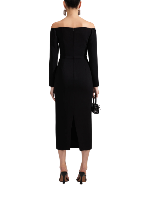 BLACK OFF SHOULDER HEAVY CREPE MIDI DRESS Black