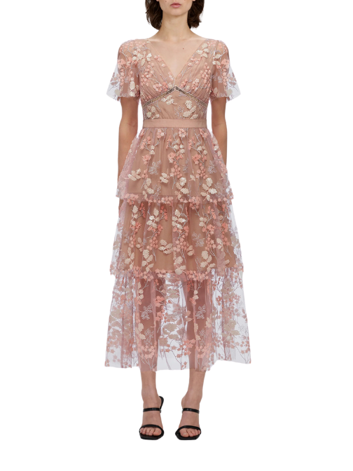 FLOWER MESH TIERED MIDI DRESS Pink