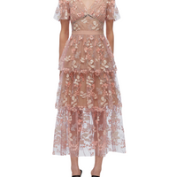 FLOWER MESH TIERED MIDI DRESS Pink
