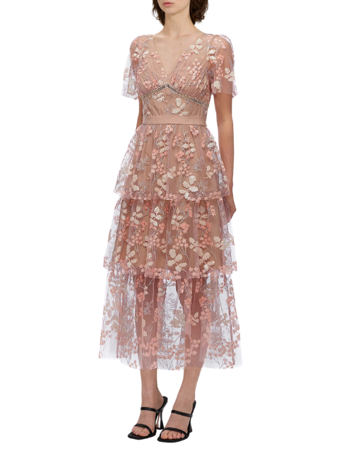 FLOWER MESH TIERED MIDI DRESS Pink