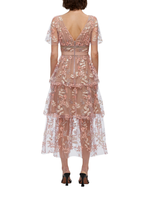 FLOWER MESH TIERED MIDI DRESS Pink