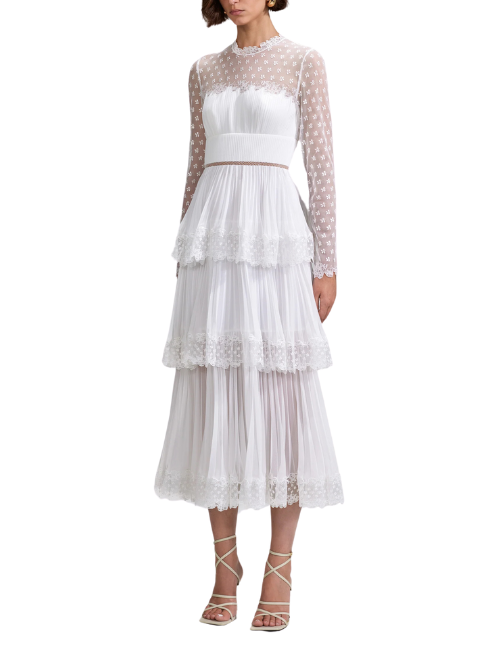 WHITE CHIFFON TIERED MIDI DRESS White