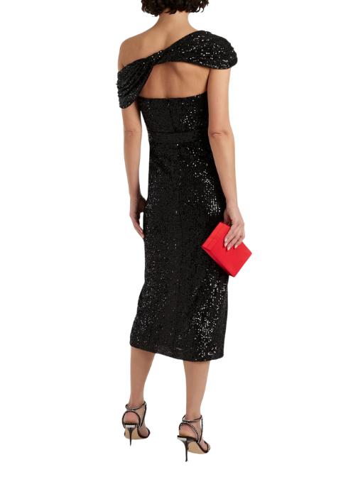 One-Shoulder Draped Sequined Tulle Midi Dress Black