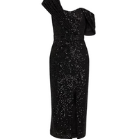 One-Shoulder Draped Sequined Tulle Midi Dress Black