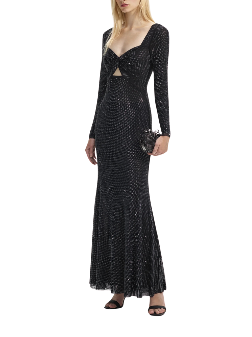 Rhinestone Mesh Sweetheart Midi Dress Black