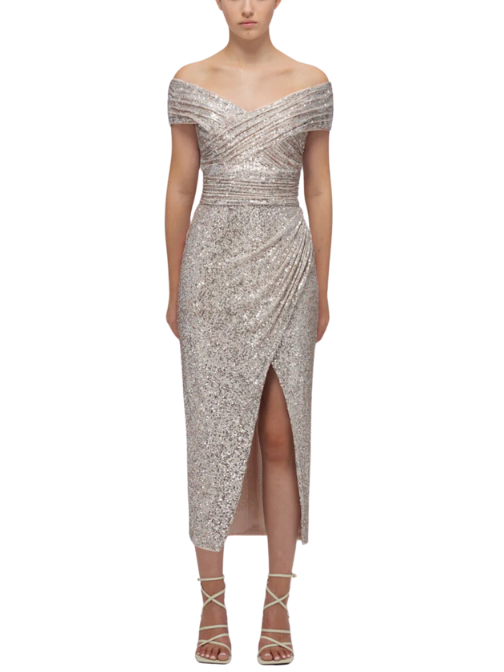 Sequin Off Shoulder Wrap Midi Dress Gold