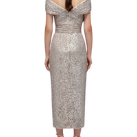 Sequin Off Shoulder Wrap Midi Dress Gold