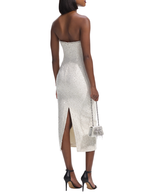 Sequin Boucle Strapless Midi Dress White