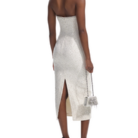 Sequin Boucle Strapless Midi Dress White