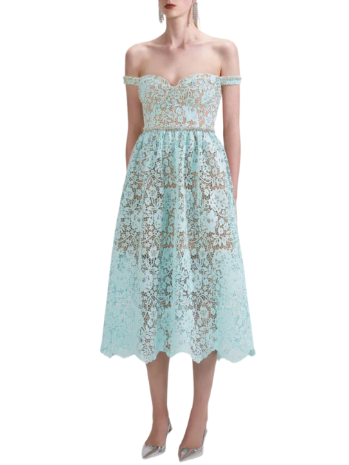 Cord Lace Diamante Midi Dress Blue