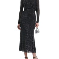 Rhinestone Mesh Long Sleeve Midi Dress Black