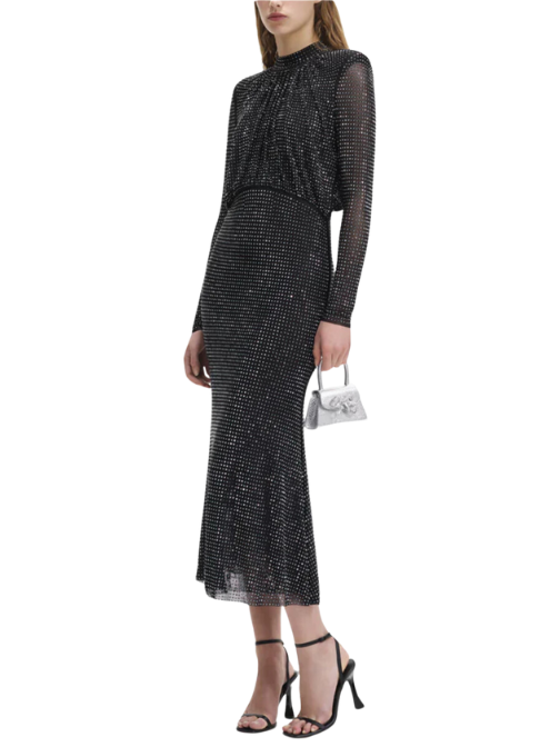 Rhinestone Mesh Long Sleeve Midi Dress Black