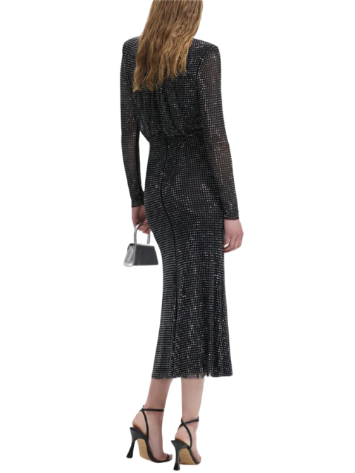 Rhinestone Mesh Long Sleeve Midi Dress Black