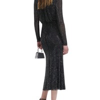 Rhinestone Mesh Long Sleeve Midi Dress Black