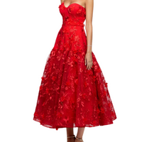 Harissa Dropped Waist Strapless Tea Length Midi Dress Red