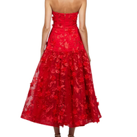Harissa Dropped Waist Strapless Tea Length Midi Dress Red