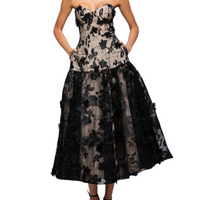 Harissa Dropped Waist Strapless Tea Length Midi Dress Black