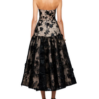 Harissa Dropped Waist Strapless Tea Length Midi Dress Black
