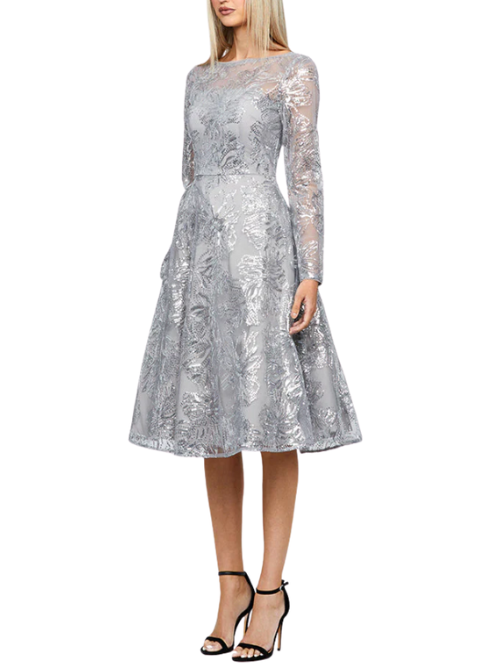 Akara Long Sleeve A Line Midi Dress Silver