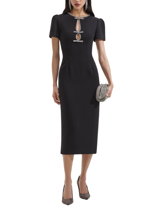 Black Crepe Diamante Bow Midi Dress Black