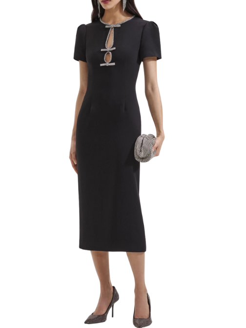 Black Crepe Diamante Bow Midi Dress Black