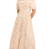 Confetti Ruffle Off-Shoulder Gown Champagne