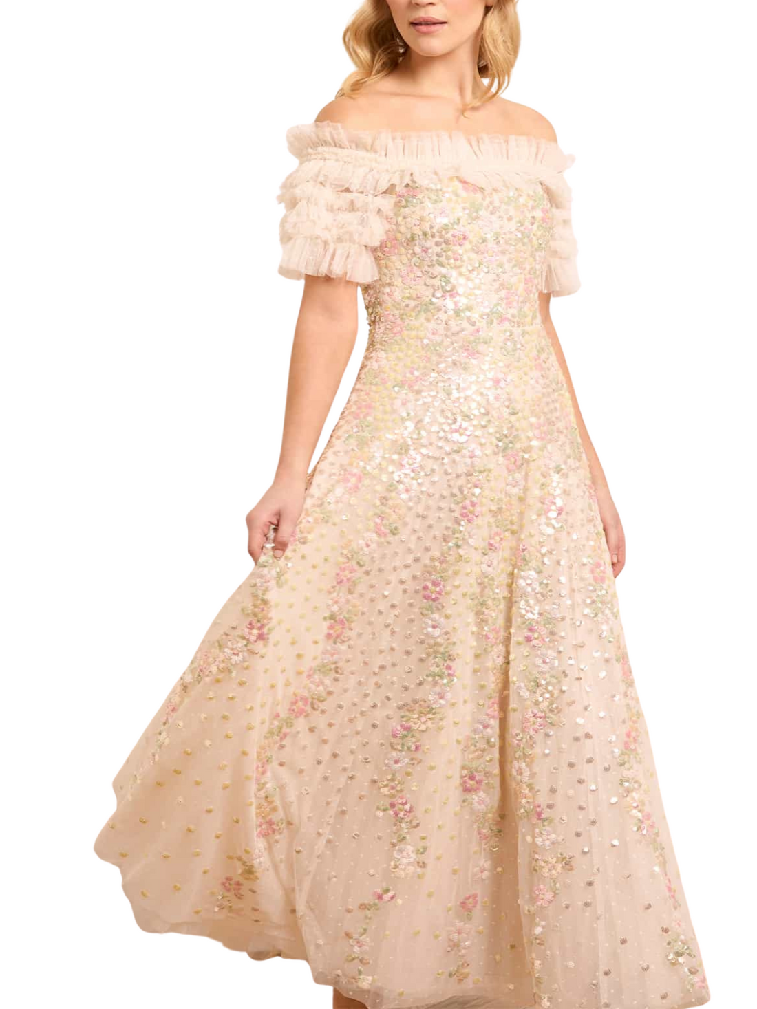 Confetti Ruffle Off-Shoulder Gown Champagne
