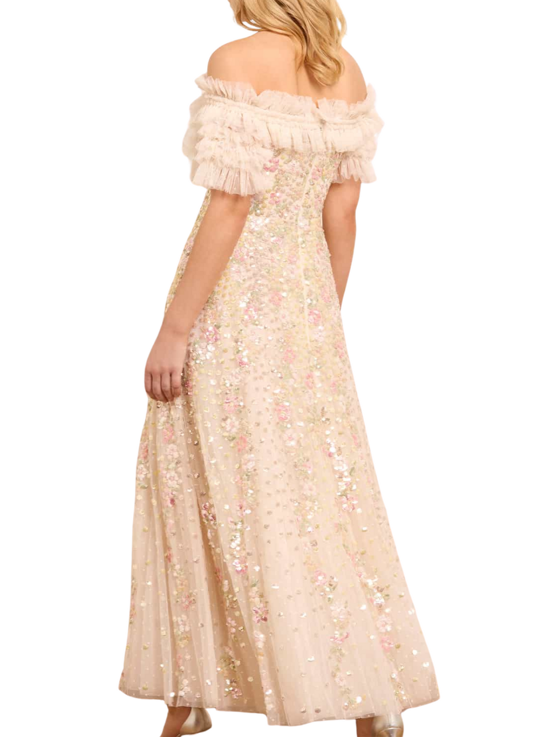 Confetti Ruffle Off-Shoulder Gown Champagne