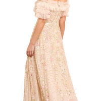 Confetti Ruffle Off-Shoulder Gown Champagne