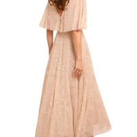 Leila Dot V-Neck Cape Ankle Gown Champagne