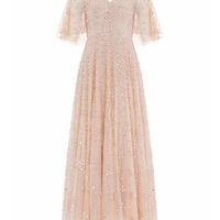 Leila Dot V-Neck Cape Ankle Gown Champagne
