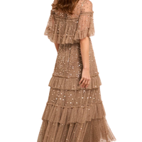 Leila Dot Tiered Cape Ankle Gown Brown