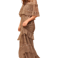 Leila Dot Tiered Cape Ankle Gown Brown