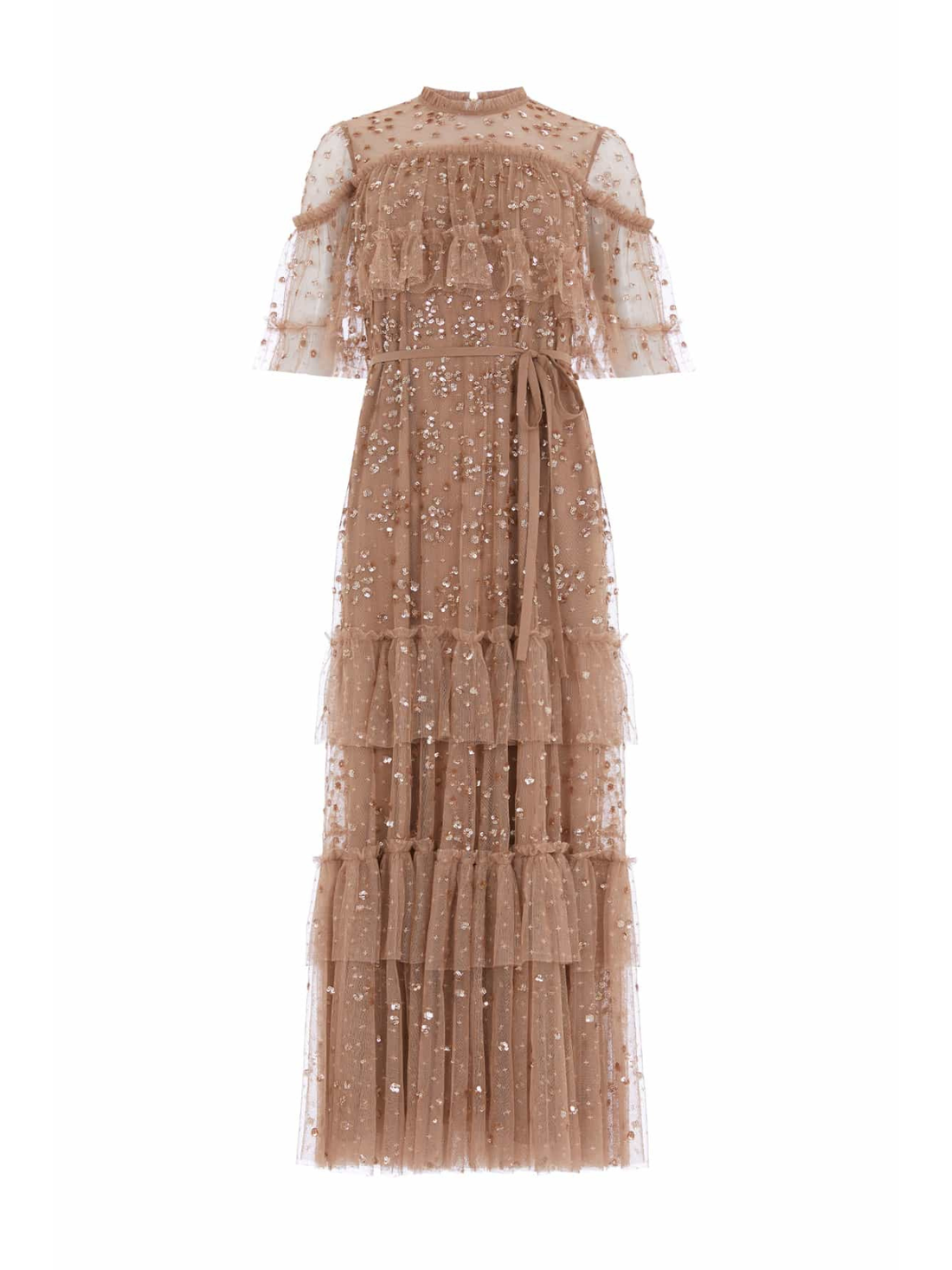 Leila Dot Tiered Cape Ankle Gown Brown