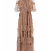 Leila Dot Tiered Cape Ankle Gown Brown