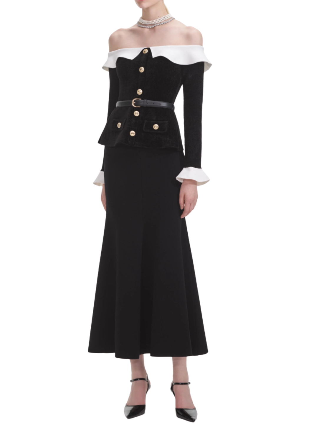 Black Chenille Knit Off Shoulder Midi Dress Black