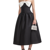 Black Taffeta Contrast Bow Midi Dress