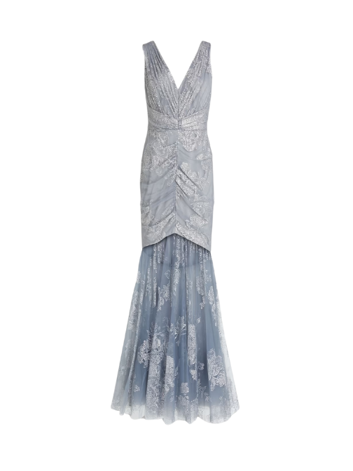 Ruched Glittered Tulle Gown