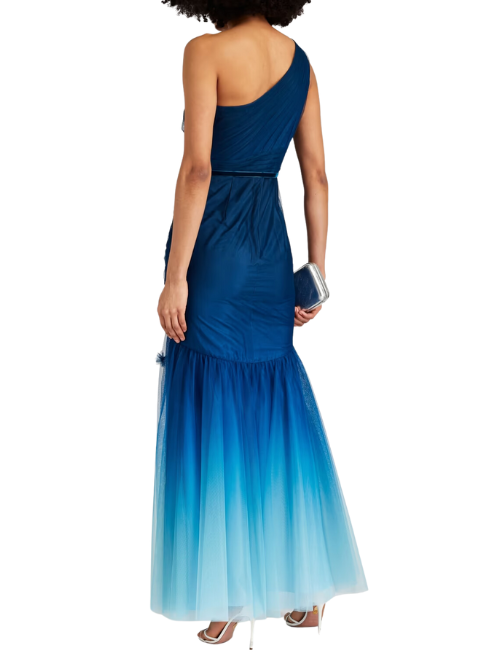 One-Shoulder Floral-Appliquéd Dégradé Tulle Gown