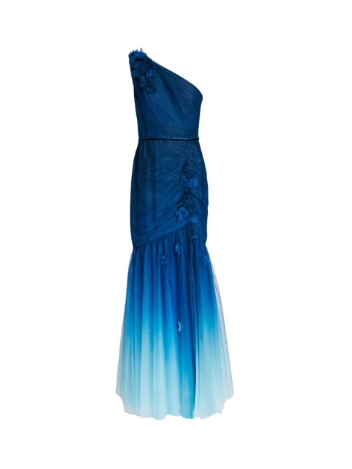 One-Shoulder Floral-Appliquéd Dégradé Tulle Gown