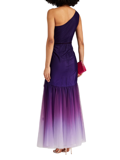 One-Shoulder Floral-Appliquéd Dégradé Tulle Gown