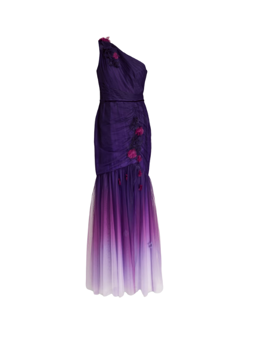 One-Shoulder Floral-Appliquéd Dégradé Tulle Gown