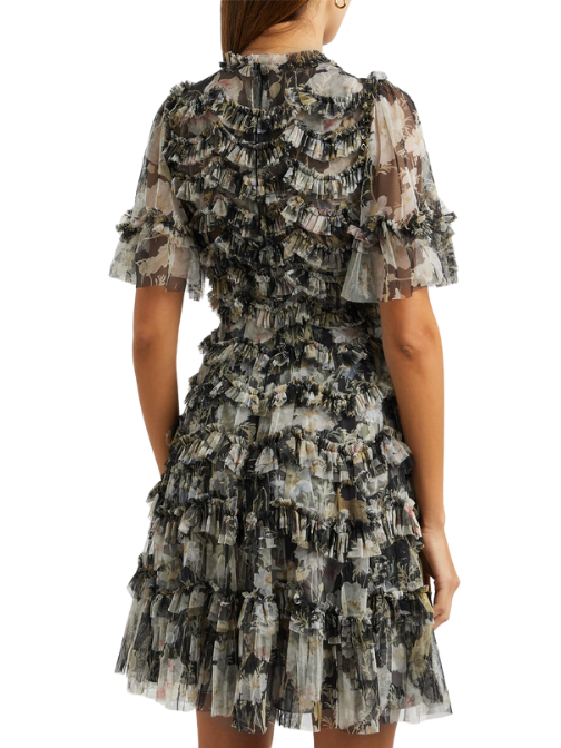 Moonlight Petals printed ruffled tulle mini dress Black