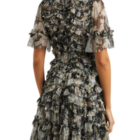 Moonlight Petals printed ruffled tulle mini dress Black