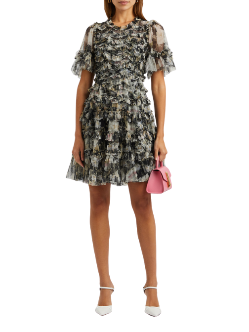 Moonlight Petals printed ruffled tulle mini dress Black