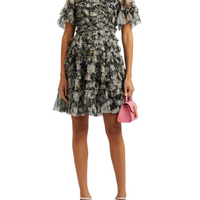 Moonlight Petals printed ruffled tulle mini dress Black