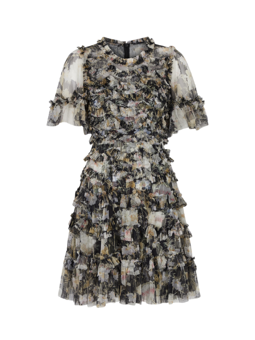 Moonlight Petals printed ruffled tulle mini dress Black