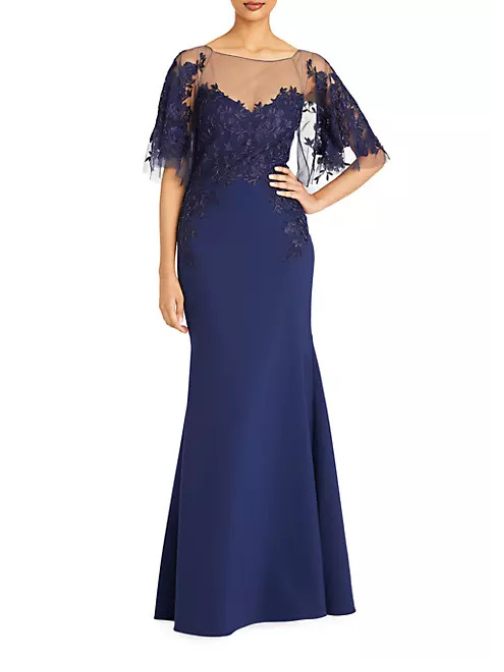 Verona Semi-Sheer Floral-Embroidered Gown