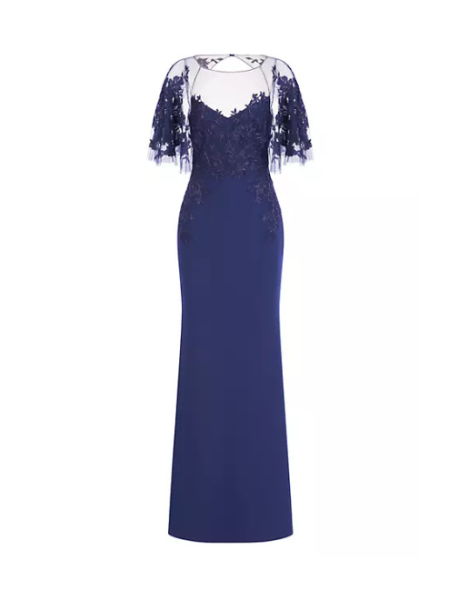 Verona Semi-Sheer Floral-Embroidered Gown