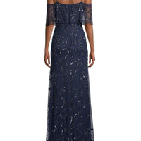 Beaded Embellished Off The Shoulder Gown Blue